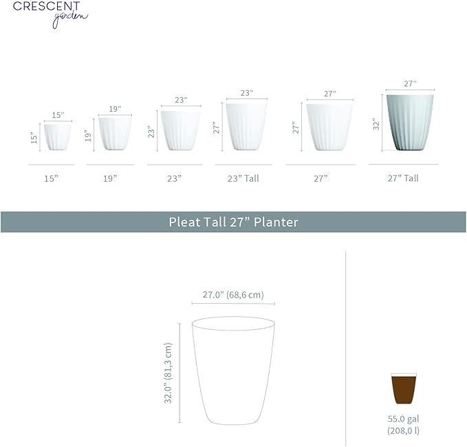 Crescent Garden Pleat Modern Decorative Planter, Indoor/Outdoor Pot, Extra Large Resin Plant Pot - 27" W x 32" H (Ash)