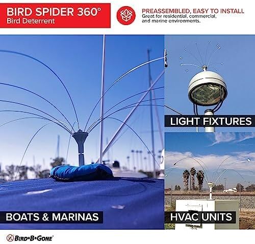 Bird B Gone - Bird Spider 360 Repellent - Deters Seagulls and Other Birds from Landing - Durable Weatherproof Design - for Boats, Docks, Roofs, Etc - Easy Installation - with PVC Base - 2ft