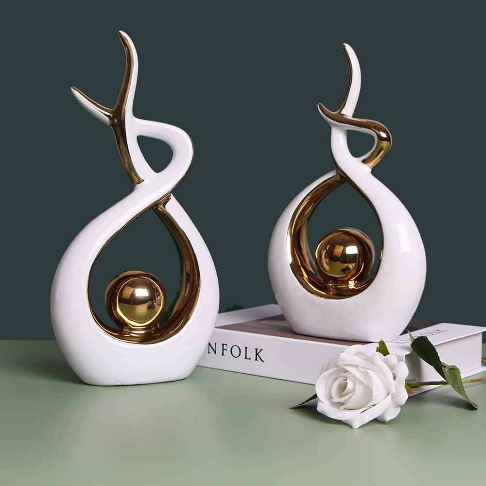 Norrclp Home Decor Modern Abstract Art Ceramic Statue Table Decorations for Dining Room Living Room Office Centerpiece (White and Gold, Small)