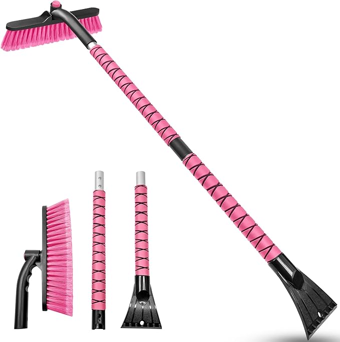 HEEYA 42.5 Inch Car Scraper Snow Brush, 12.6 Inch Large Brush Head with Ice Scraper for Window Windshield, Portable Snow Scraper for SUV Truck Vehicle Jeep RV Auto - Pink
