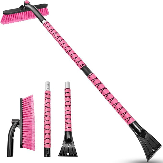 HEEYA 42.5 Inch Car Scraper Snow Brush, 12.6 Inch Large Brush Head with Ice Scraper for Window Windshield, Portable Snow Scraper for SUV Truck Vehicle Jeep RV Auto - Pink
