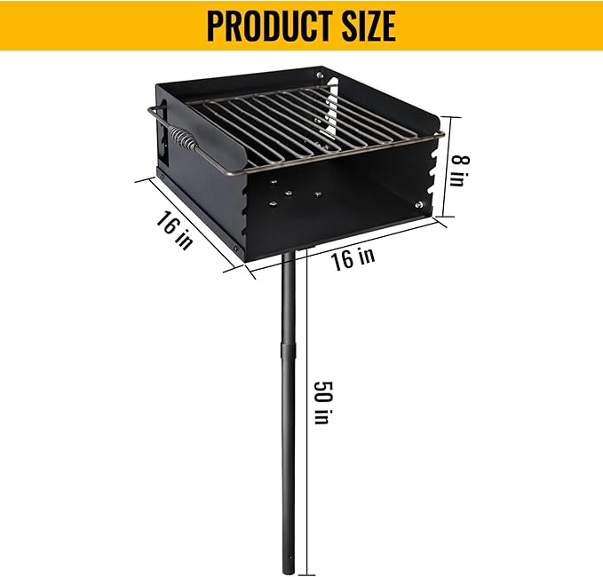 16x16 Inch Park-Style Heavy Duty Steel Charcoal Grill: An Outdoor BBQ Solution with Grate and Single Post Design for Backyard Barbecues and Camping