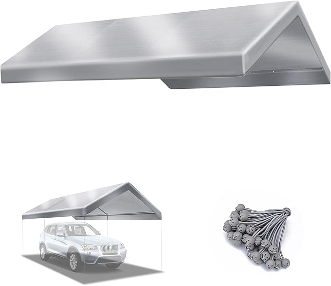 YardGrow 10x20 FT Carport Replacement Canopy Cover Garage Shelter Outdoor Carport Canopy Top Tent Shelter Tarp, Canopy ONLY (Silver)