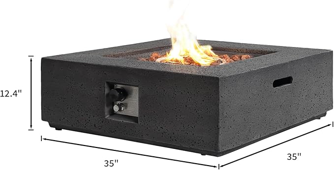 SUNBURY Outdoor Fire Pit, 35" Square Propane Gas Patio Fire Table 50,000 BTU Concrete Travertine Design, CSA Certified, Low Firepit Table with Lava Rocks, Waterproof Cover (Grey)