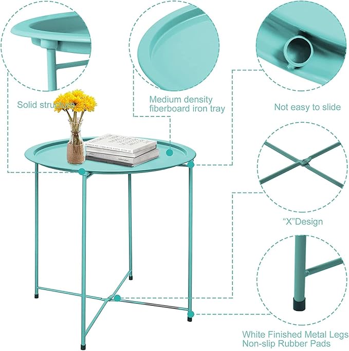 Garden 4 you End Table Set of 2, Outdoor Side Table, Small Patio Table Metal Side Table, Round Folding Side Table, for Outdoor and Living Room,Green