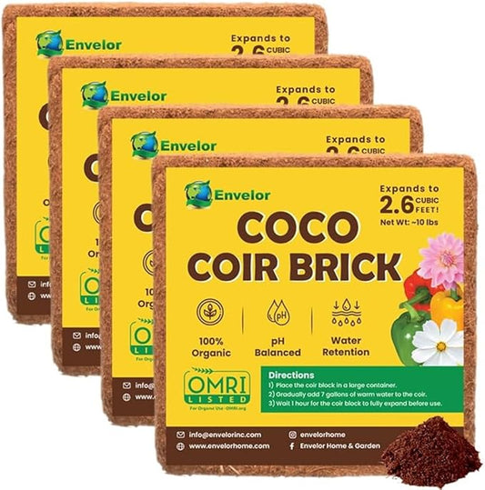Coco Coir for Plants 4-Pack – 2.6 Cu. Ft. Compressed Coconut Coir Bricks, 10 lb. Organic, Low EC, pH Balanced Coco Peat for Indoor & Outdoor Gardening, Potting Soil, Indoor Plant Soil