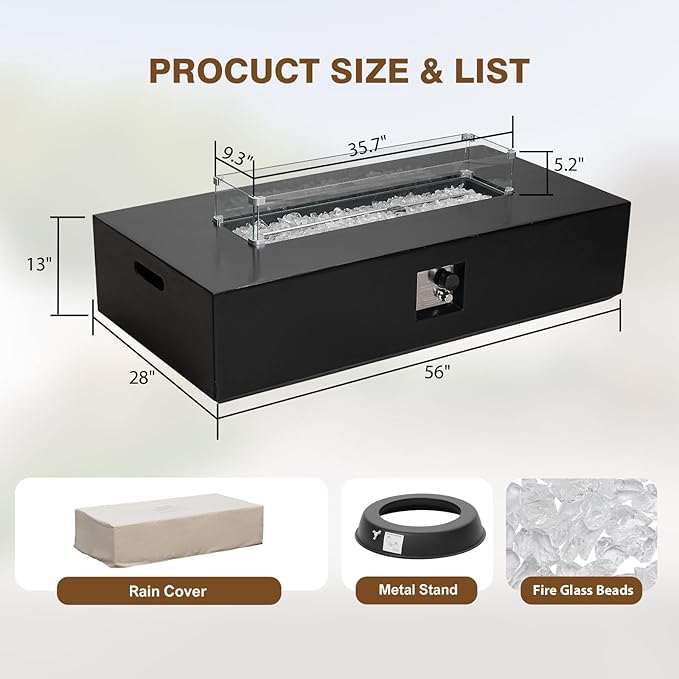 2-Piece Outdoor Propane Fire Pit Table Set – Premium Marble-Like MgO Finish, 56-Inch Gas Fire Table with Glass Wind Guard for Patio, Garden & Backyard, Includes Rain Cover & Glass Beads