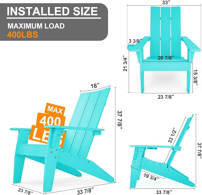 MXIMU Modern Adirondack Chair Weather Resistant with Cup Holder Oversized Fire Pit Chairs Adorondic Plastic Outdoor Chairs for Firepit Area Seating (Aruba)