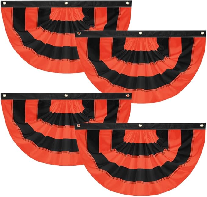 4Pack Halloween Bunting Flags 2x4ft Fully Sewn Orange & Black 5 Stripe Pleated Half Fan Flag Banner Trick or Treat Happy Halloween Party Decor Outside Porch Yard Garden Indoor Wall