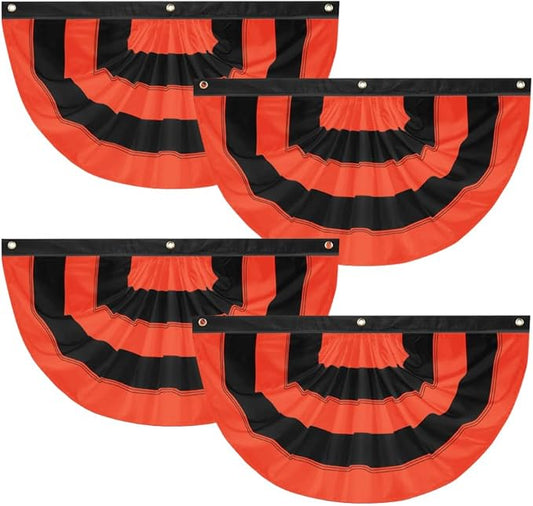 4Pack Halloween Bunting Flags 2x4ft Fully Sewn Orange & Black 5 Stripe Pleated Half Fan Flag Banner Trick or Treat Happy Halloween Party Decor Outside Porch Yard Garden Indoor Wall