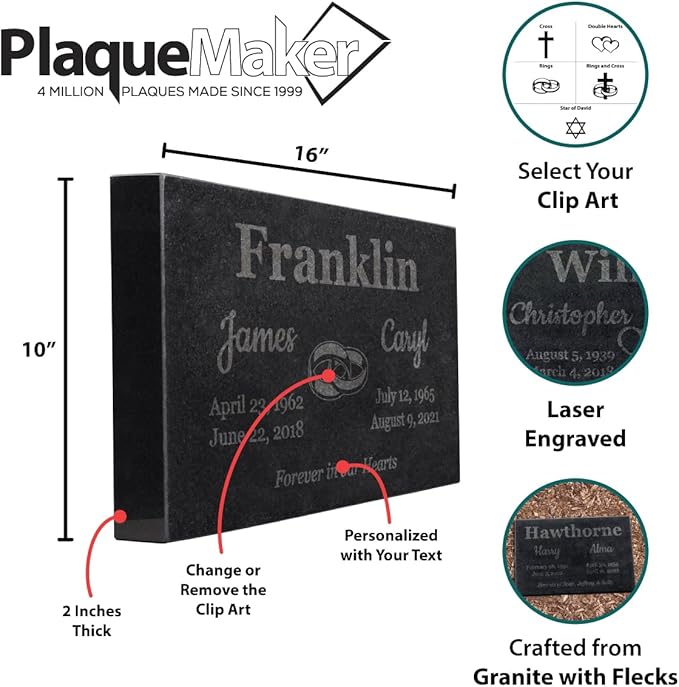PlaqueMaker Black Granite Memorial Headstone for Two Lost Loved - Great for Your Garden, Tree Dedication, or in a Cemetery. Includes Your Text and Select Clipart (16 x 10 x 2)
