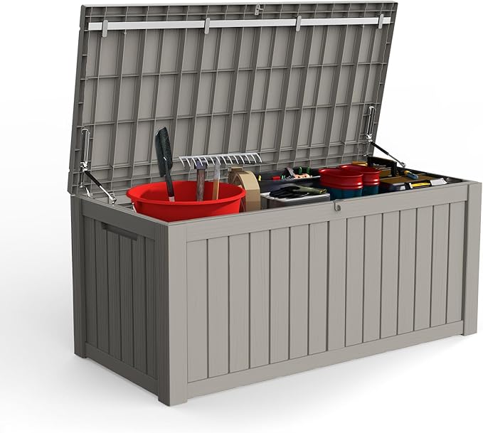 Mars Villa Deck Box, Waterproof and Weatherproof Large Resin Storage Bin with Lockable Lid, Ideal for, Outdoor, Patio Furniture Cushions, Pool Supplies, Garden Tools (119 Gallon, Grey)