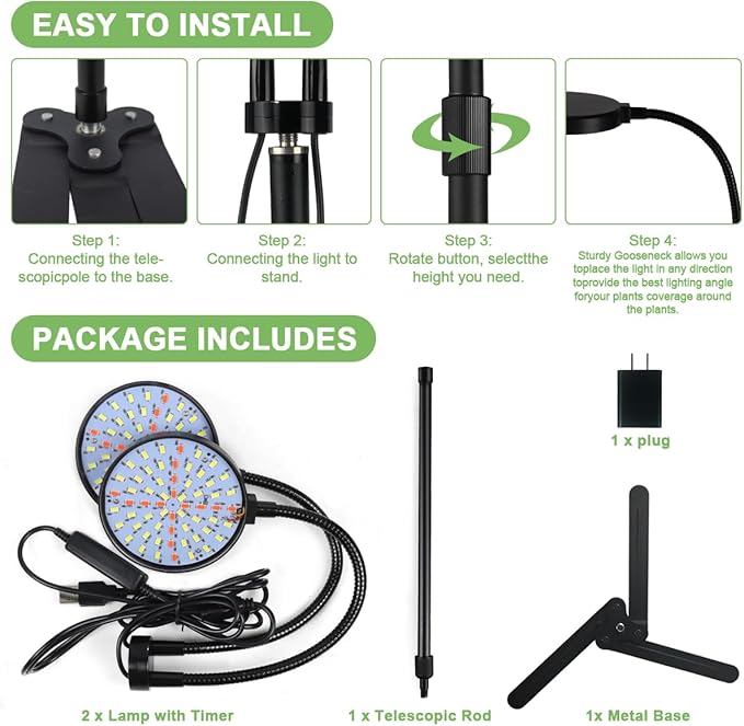Grow Light 4.7'' LED Dual Ring,80W 6000K Full Spectrum Gooseneck Lamp for Indoor Plants Growing with Timer 4/8/12/18Hrs,Dimmable & Height Extendable 9-16''