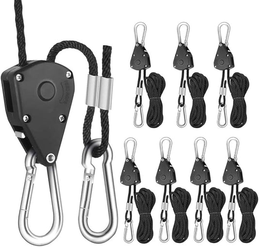 4 Pairs 1/8 Inch Adjustable Heavy Duty Ratchet Hanger Grow Light Fixtures Rope Clip Hangers Hanging Ropes for Gardening Grow Plant Fan Reflectors Filter Tent,150lbs Weight Capacity