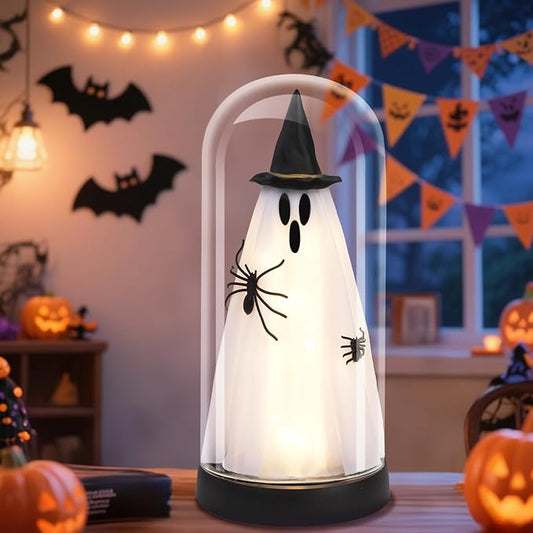 Halloween Decor-Halloween Decorations Indoor-Light Up Ghost in Glass Cloche-Cute Ghost with Light for Home Kitchen Mantel Tabletop Party Decor