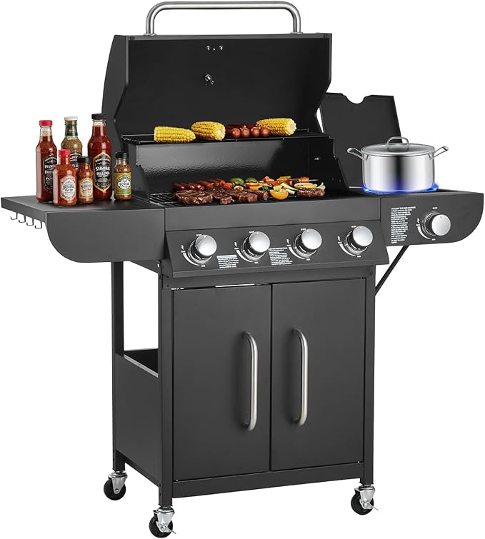 VEVOR Gas Grill, 4 Burner Propane Gas Grill with Side Burner, 425 SQ.In Grilling Area, Carbon Steel Enamel Grates, Outdoor 52,000 BTU Patio Garden BBQ Grills with Two Side Shelves, Carbon Steel