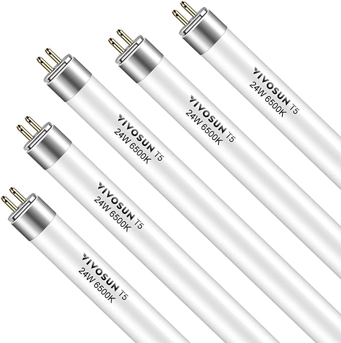 VIVOSUN T5 Grow Light Bulbs 2 Ft 22 Inches, 24W 6500K HO Fluorescent Tubes Light Bulbs, Cool White T5 Bulb for 22 Inches T5 Light Fixtures, T5 Grow Lights for Indoor Plants, 2 Ft 24W Pack of 5