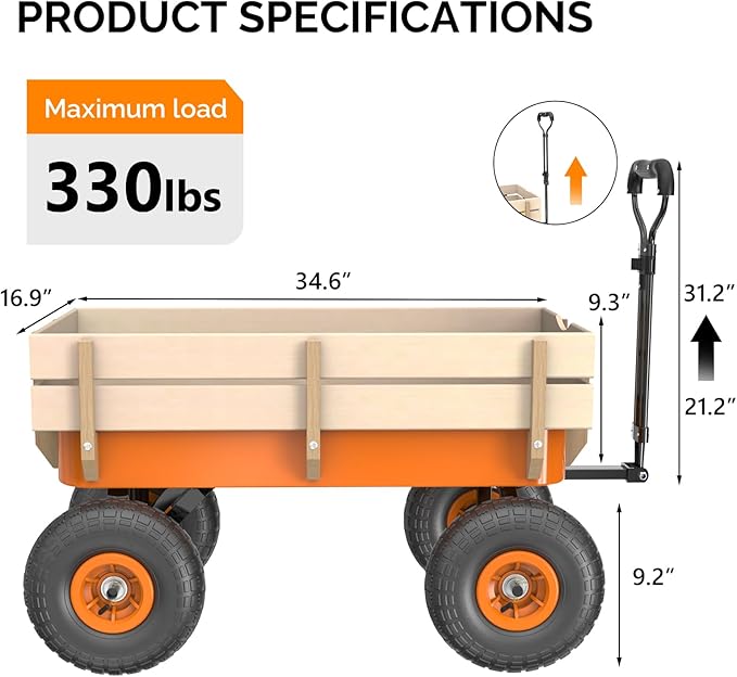 VINGLI Wagon Cart, Steel Frame and Wood Coated Railing, 330lbs All Terrain Wagon 9.2in Solid Tires for Garden and Outdoor (Orange)