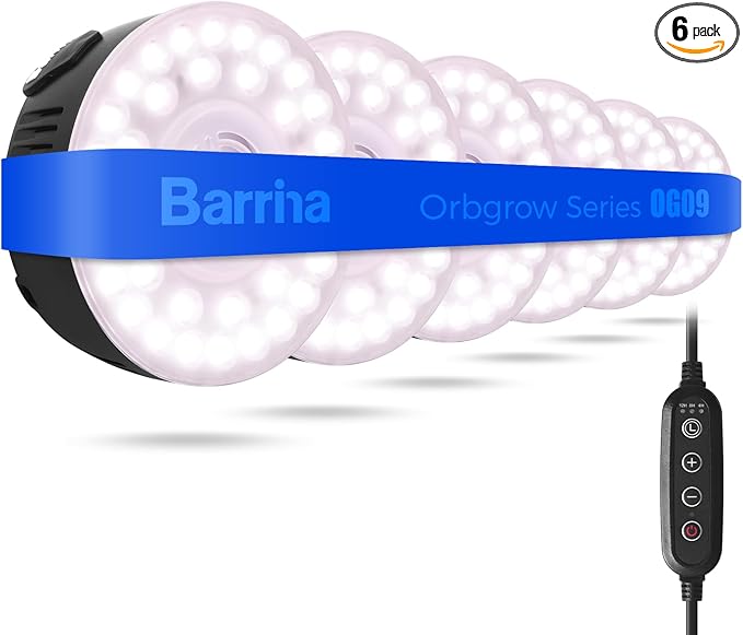 Barrina Orbgrow OG09 Puck Grow Light with Timer, Pinkish White 54W(6 x 9W, 810 Watt Equiv), Full Spectrum Plant Light for Indoor Plants, Magnetic & Linkable, 5 Levels Dimmable, 6 Packs, Black