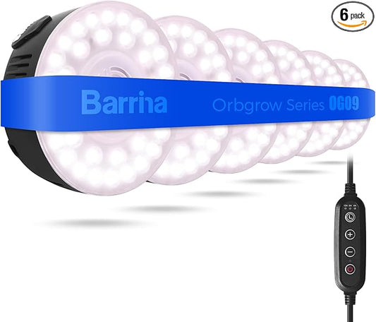 Barrina Orbgrow OG09 Puck Grow Light with Timer, Pinkish White 54W(6 x 9W, 810 Watt Equiv), Full Spectrum Plant Light for Indoor Plants, Magnetic & Linkable, 5 Levels Dimmable, 6 Packs, Black