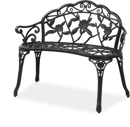 VINGLI 38.5" Patio Park Garden Outdoor Metal Rose Bench,Cast Iron Cast Aluminium Frame Antique Finish Chair,Accented Lawn Front Porch Path Yard Decor Deck Furniture for 2 Person Seat（Black