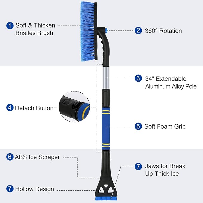 34" Extendable Ice Scrapers for Car Windshield 2-in-1 Snow Brush for Car Snow Scraper for Car Snow Scraper and Drush with Ergonomic Foam Grip for Cars, Trucks, SUVs with 360° Pivoting Brush Head Blue