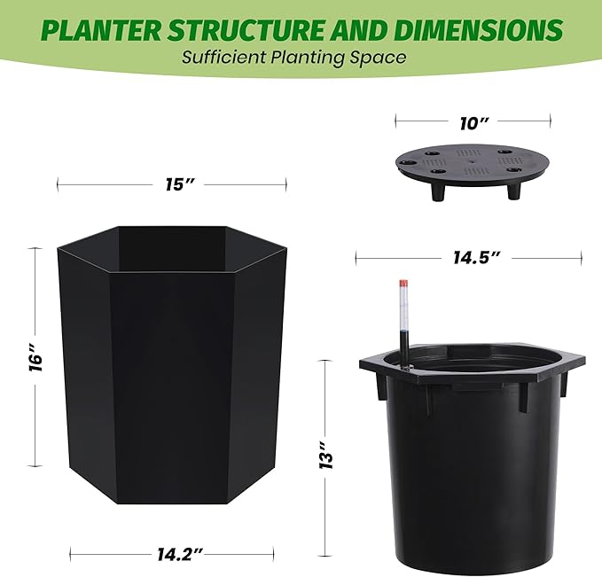 16 Inch Tall Outdoor Planters Set of 2, Self Watering Pots for Indoor Plants with Water Level Monitor & Drainage Hole & Wheels, Large Planter Pots for Garden, Patio, Balcony, Lounge, Black