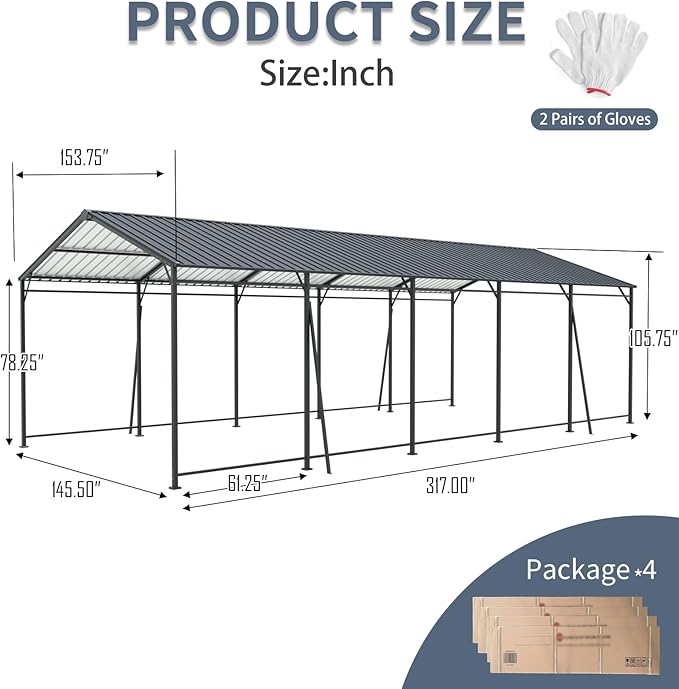 Carport, Heavy Duty Carport with Galvanized Steel Roof and Frame, Metal Large Garage with 4 Fixed Inclined Square Tube Supports (13 * 26.5 FT)