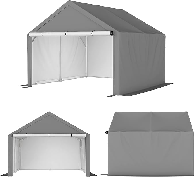 10x10 Ft Portable Outdoor Storage Shed,Bike Shed Storage Tent W/Double Zippers & 4 Tensioners,Carport W/Buckles & 6 Ground Pegs,Car Port Shelter for Garden,Motorcycle Shelter,Lawn,Gray