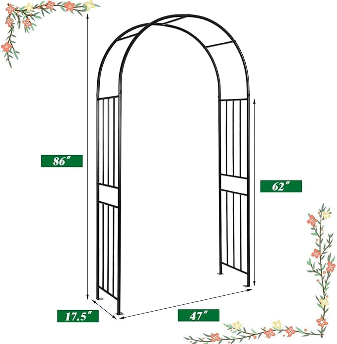 LDAILY Moccha Garden Arch Arbor Trellis, 7.2Ft Outdoor Steel Arbor with Stakes, Metal Archway for Climbing Plants, Wide Sturdy Garden Arch for Lawn, Party, Ceremony Wedding Decoration, Black