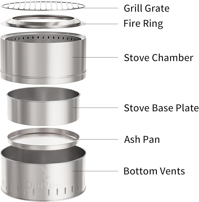 19 inch Stainless Steel Smokeless Fire Pit with Grill, Outdoor Smokeless Firepit, Wood Burning Fire Pits for Camping, Bonfire, Low Smoke Firepit for Outside (Vertical Hole)