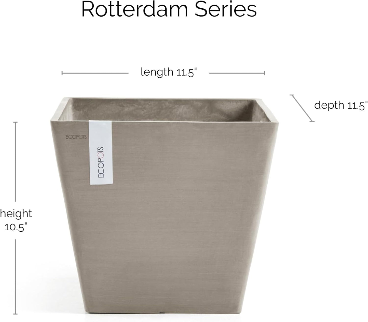 Ecopots Rotterdam Durable Modern Square Indoor/Outdoor Recycled-Based Composite Flower Planter, Taupe, 12"