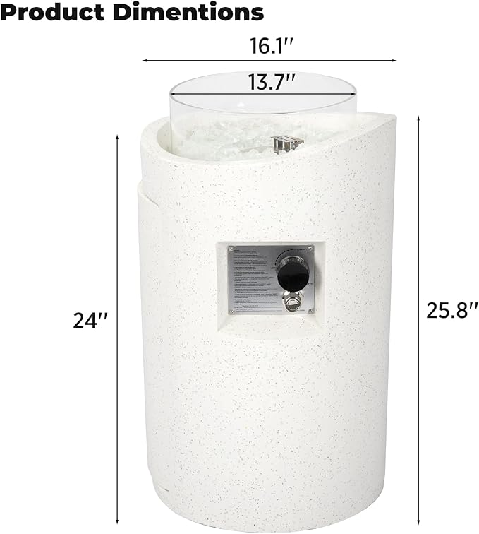 Outdoor Cylinder Propane Fire Pit Table – Premium Terrazzo-Like MgO Finish, Sturdy & Waterproof Gas Fire Table with Glass Wind Guard for Patio, Garden & Backyard, Includes Rain Cover & Glass Bead