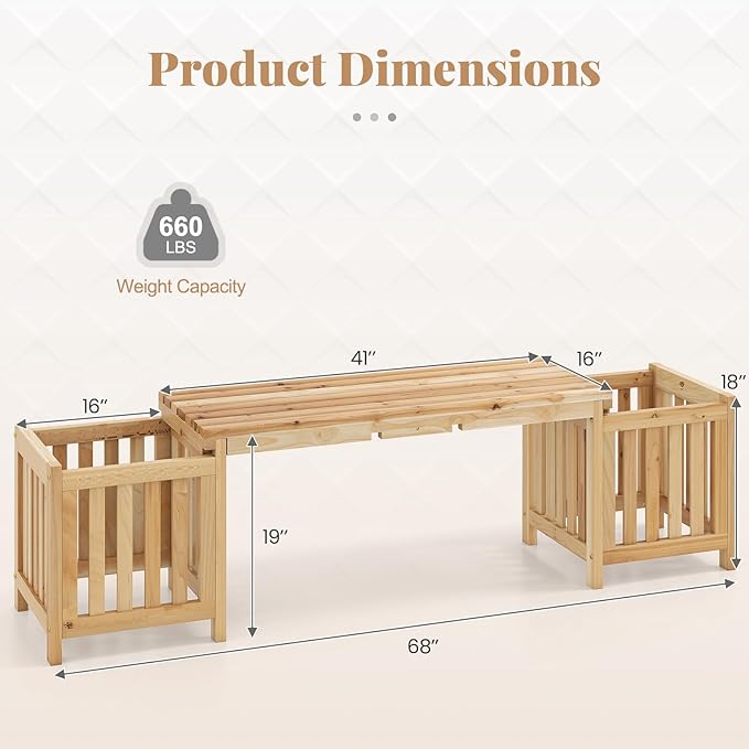 Giantex 2-in-1 Outdoor Bench with 2 Raised Garden Beds, Planter Boxes with Open-Ended Base, Garden Bench Seat for Porch Balcony Lawn Yard, DIY Assembly, Natural