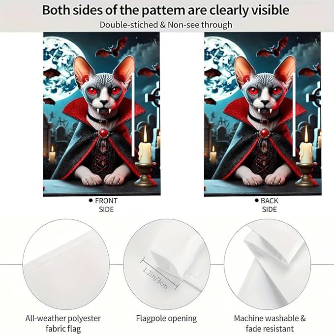 Halloween Garden Flag 11.81 x 17.72 Inch Vampire Sphynx Cat with Red Eyes Fangs Bats Full Moon and Graveyard Outdoor Yard Decoration for Holiday Party