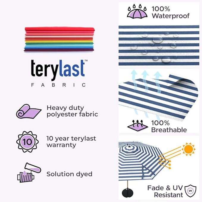 Midtown Umbrellas The Swilt 8 Feet Patio Umbrella in Terylast Navy Stripes (Navy/White) Polyester Fabric - Fiberglass Ribs, Auto-Tilt Aluminum Frame For Backyard, Deck, Garden, Pool - White Pole