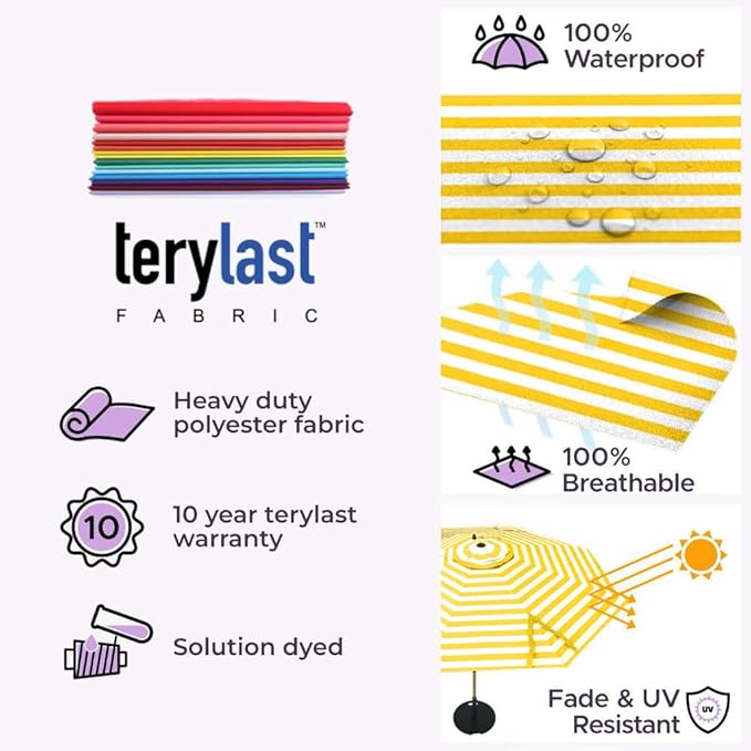 Midtown Umbrellas The Swilt 8 Feet Patio Umbrella in Terylast Sunny Stripes (White/Yellow) Polyester Fabric - Fiberglass Ribs, Auto-Tilt Aluminum Frame For Backyard, Deck, Garden, Pool - White Pole