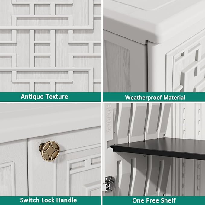 KINYING Outdoor Storage Cabinet Waterproof, Resin 60 Gallon Deck Box for Patio Furniture Cushions, Garden Tools, Pool Tools and Kids’ Toys (Off White with 1 Shelving)