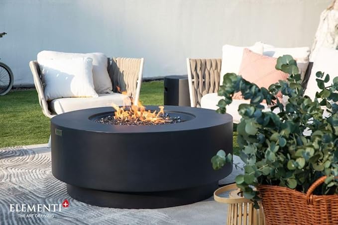 Elementi+ | Bundle Nimes Gas Fire Pit Cast Concrete 40" Dia. Round Fire Table, Outdoor Fire Pit Electronic Ignition | Canvas Cover, Fire Glass and Burner Lid Included | Dark Gray | Natural Gas