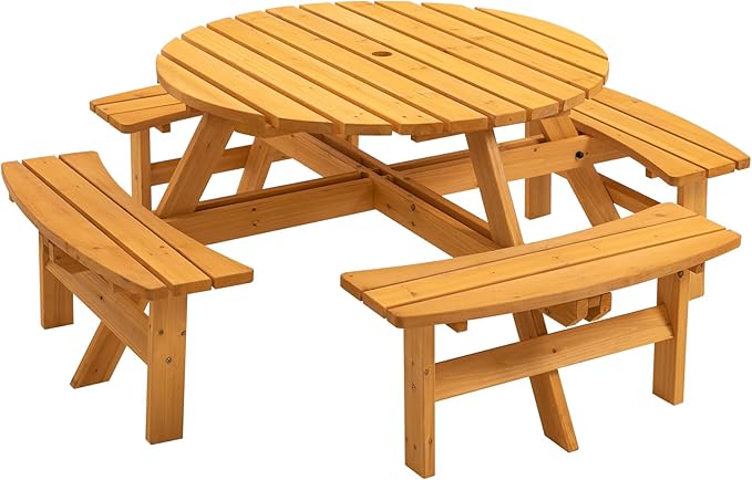 8-Person Round Wooden Picnic Table with Seat, Outdoor Camping Dining Table with 4 Built-in Benches, Natural