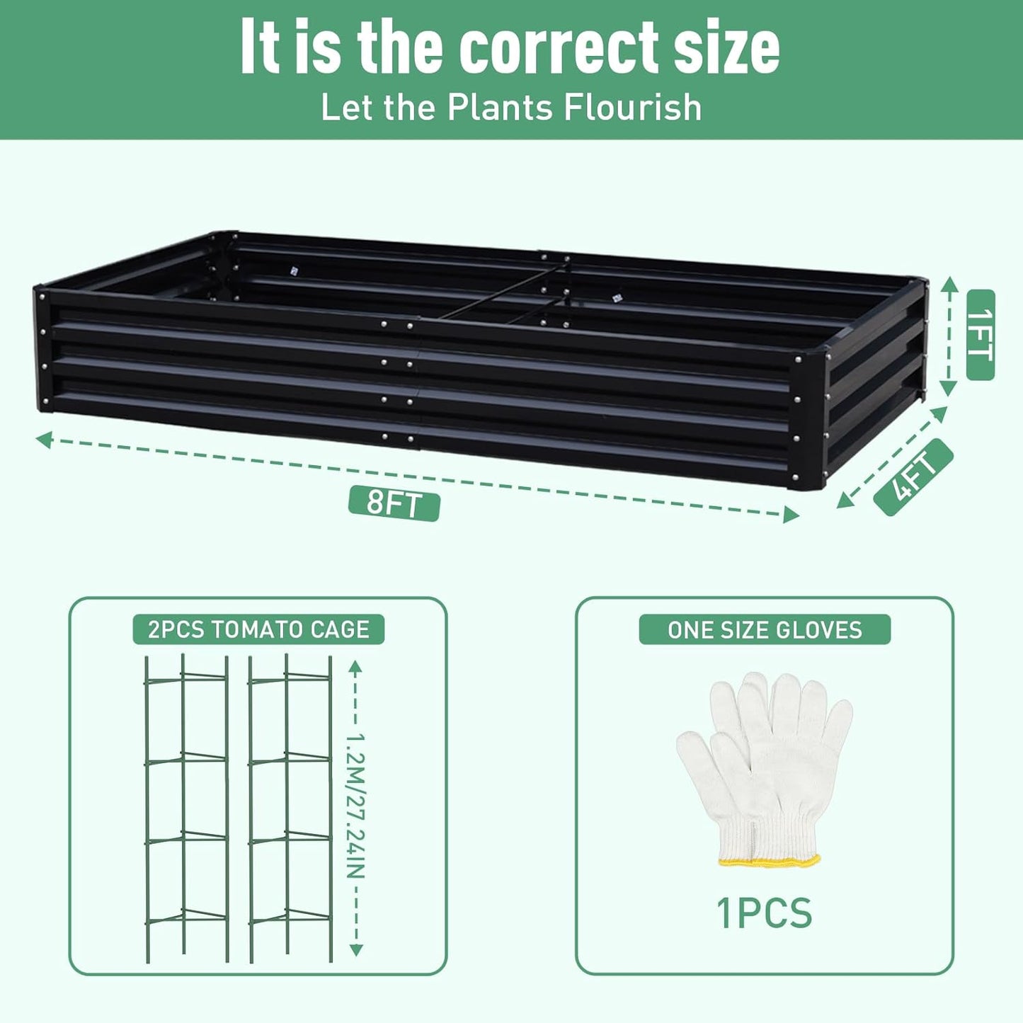 Metal Raised Garden Bed 8x4x1Ft Outdoor Large Metal Galvanized Planter Boxes Kit for Vegetables, Flowers, and Herbs,Garden Beds with 2Pcs Tomato Cage 1Pc Gloves,Black