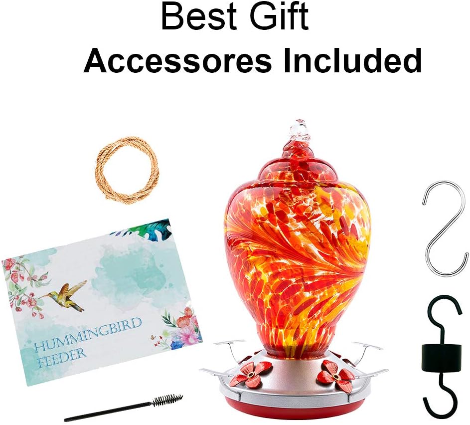 WOSIBO Hummingbird Feeder for Outdoors Patio Large 32 Ounces Colorful Hand Blown Glass Hummingbird Feeder with Ant Moat Hanging Hook, Rope, Brush and Service Card (RED)