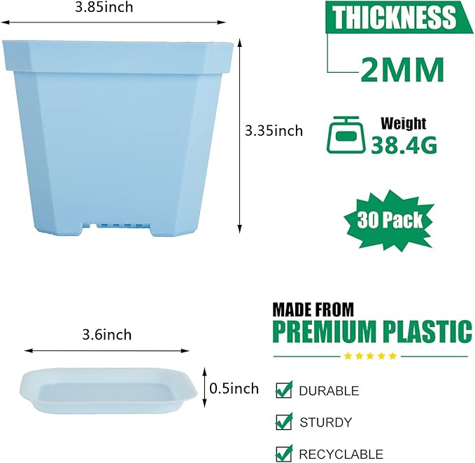 foxany 4" Nursery Pot, 30 Pcs Thick Plastic Square Planting Pots, Plant Seedling Pots, Seed Starting Pots with 30 Saucers - Multi