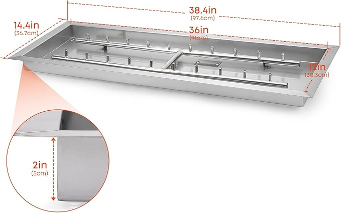 Stanbroil 36 x 12-Inch Rectangle Drop-in Fire Pit Pan with Jet Burner, 304 Stainless Steel Gas Firepit Insert for DIY Firepit Table, High Flame150,000 BTU Max