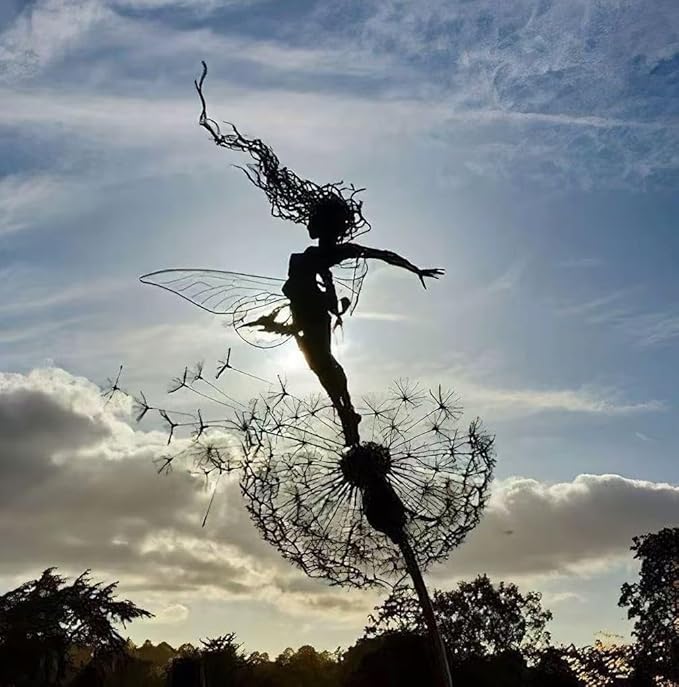 Flower Fairy Dancing with Dandelion, Art Sculpture Fairies for Fairy Garden, Angel Metal Ornaments Gardens Art Sculpture, Outdoor Decorations for The Courtyard, Lawn and Terrace (H)