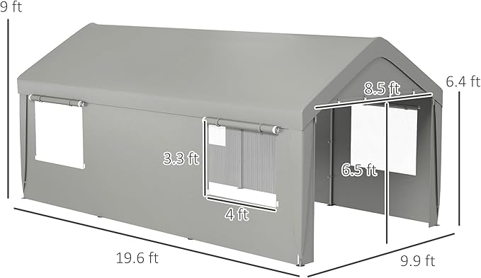 Outsunny Carport 10' x 20' Portable Garage, Heavy Duty Car Port Canopy with 2 Roll-up Doors & 4 Ventilated Windows for Car, Truck, Boat, Garden Tools, Gray
