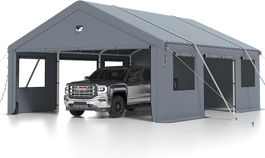 Carports 20X20 Heavy Duty，2 Car Carport with Side Doors，Extra Large Outdoor Carport Canopy，Portable Car Port Garage All Weather，Gray
