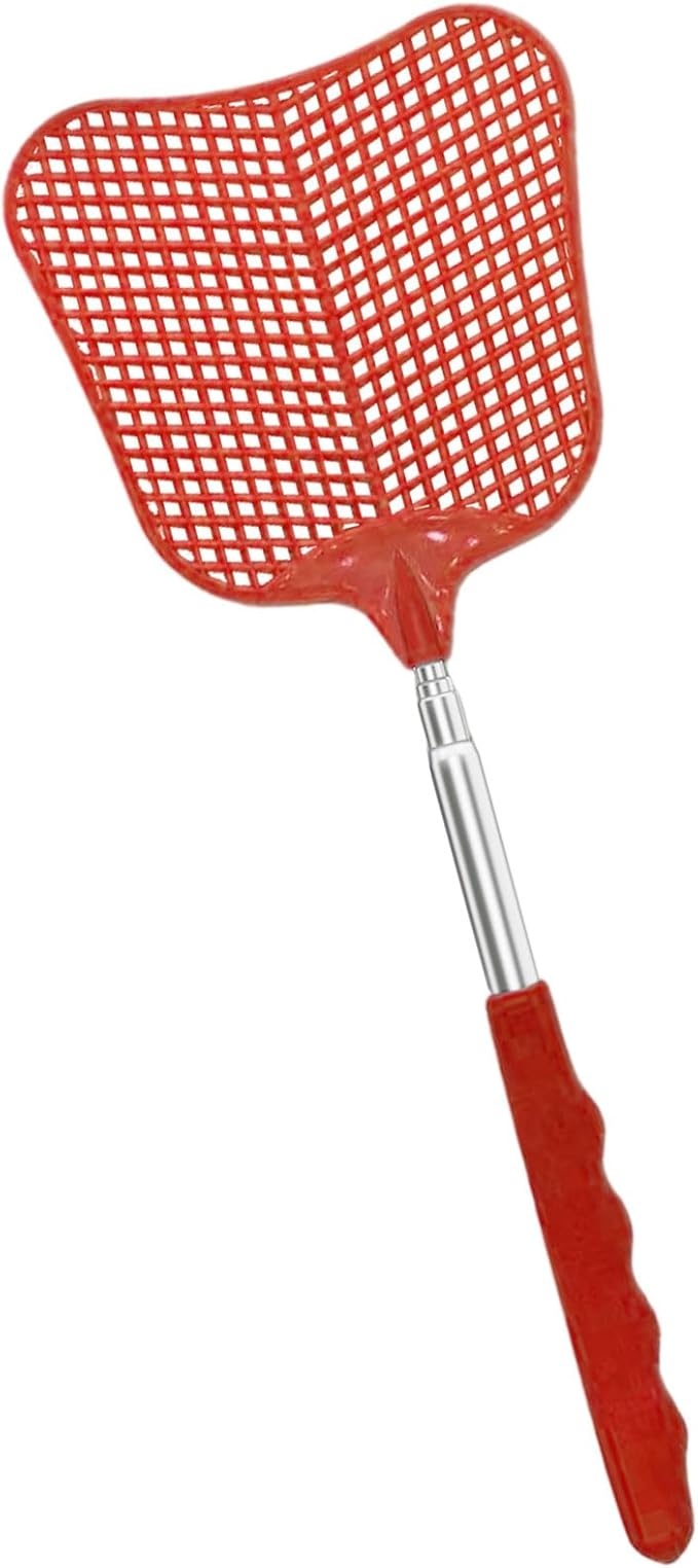 MYSTICHOME Fly Swatter 1 PCS, Durable Heavy Duty Plastic Fly Swatters, Stainless Steel Telescopic FlySwatter for Indoors/Outdoor/Kitchen/Garden (Red)