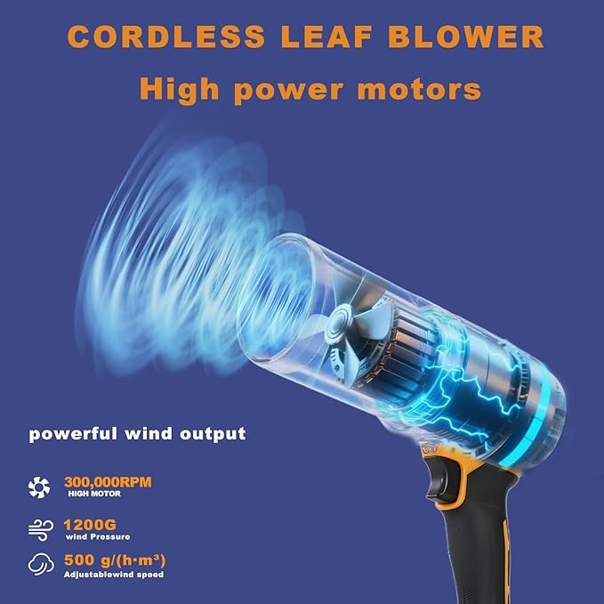 Small Cordless Leaf Blower,Leaf Blower Cordless,300,000RPM Turbo Jet Blower, with 1 X 24VX 4.0Ah Battery and Charger,for Patio Cleaning, Lawn Care, Car Cleaning and Dust Etc,2 Blowing Nozzles-Yellow