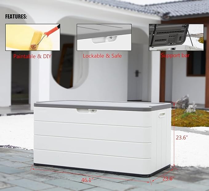 100 GAL Resin Deck Box - Lockable Waterproof Outdoor Storage Bench for Patio Cushions, Garden Tools & Pool Accessories - Wood-Look Texture, White